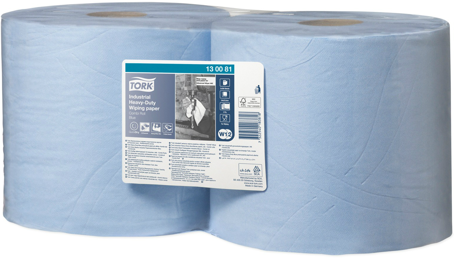 Протирочная бумага суперпрочная в рулоне со съемной втулкой голубая Tork